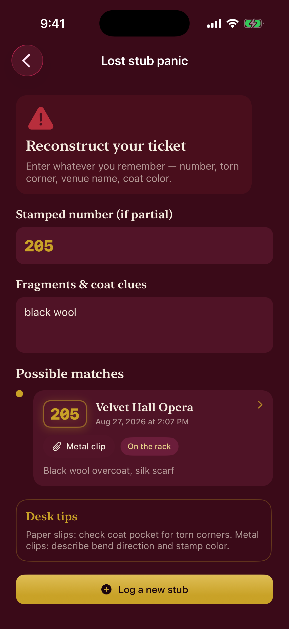 Panic search for lost stub